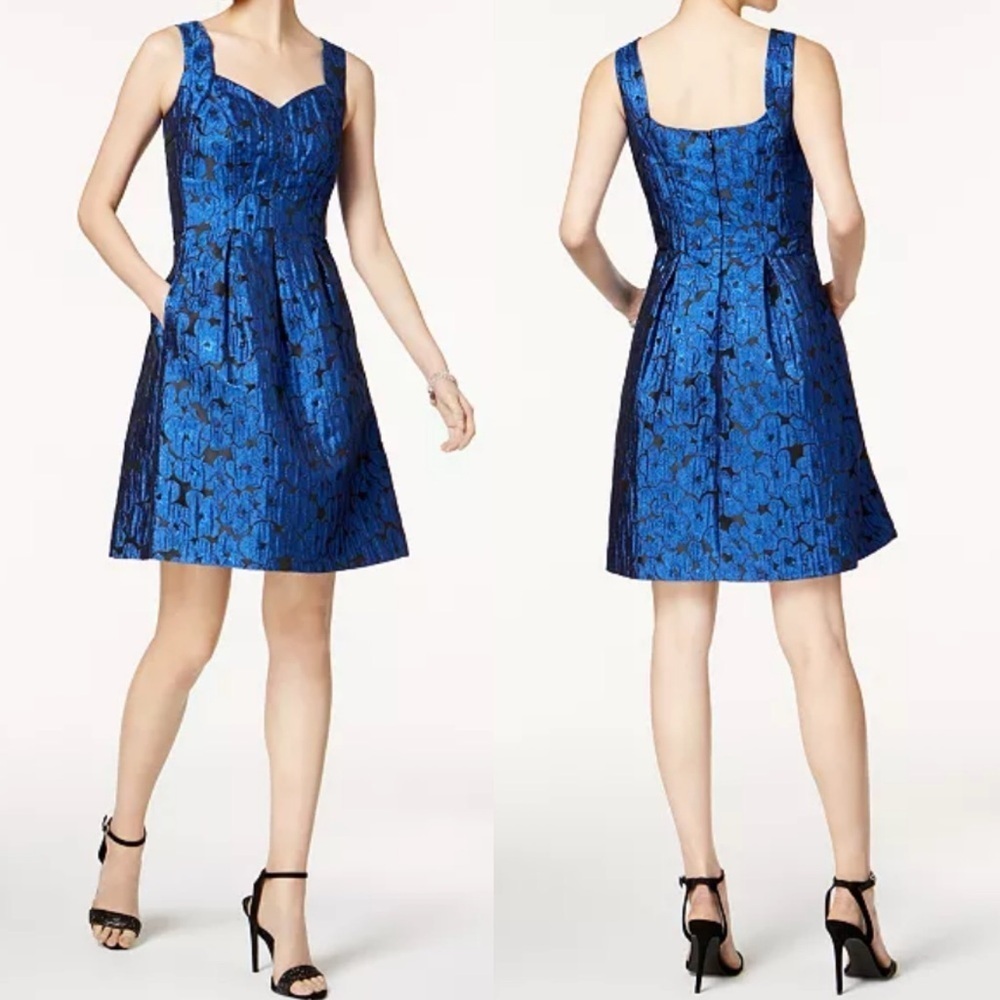 NINE WEST Metallic Jacquard Fit & Flare Dress Sweetheart Neckline Shimmer Size 6